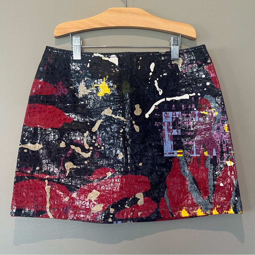80s splatter art mini skirt with alligator skin shiny print overlay